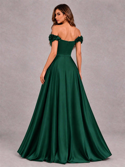 3D Flower Off the Shoulder A Line Satin Pleated Evening Dress with Split Side