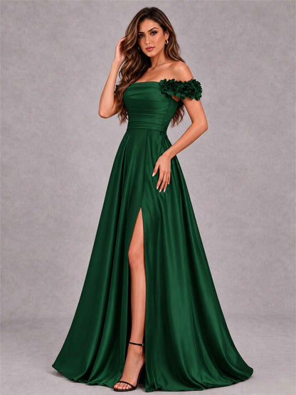 3D Flower Off the Shoulder A Line Satin Pleated Evening Dress with Split Side