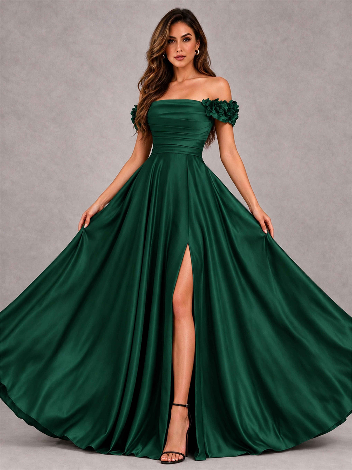 3D Flower Off the Shoulder A Line Satin Pleated Evening Dress with Split Side