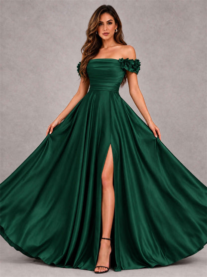 3D Flower Off the Shoulder A Line Satin Pleated Evening Dress with Split Side