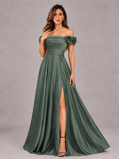 3D Flower Off the Shoulder A Line Satin Pleated Evening Dress with Split Side