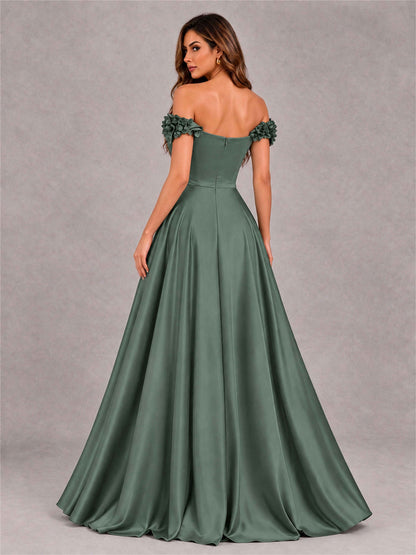3D Flower Off the Shoulder A Line Satin Pleated Evening Dress with Split Side