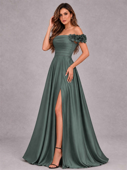 3D Flower Off the Shoulder A Line Satin Pleated Evening Dress with Split Side