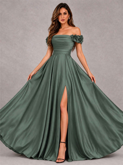 3D Flower Off the Shoulder A Line Satin Pleated Evening Dress with Split Side