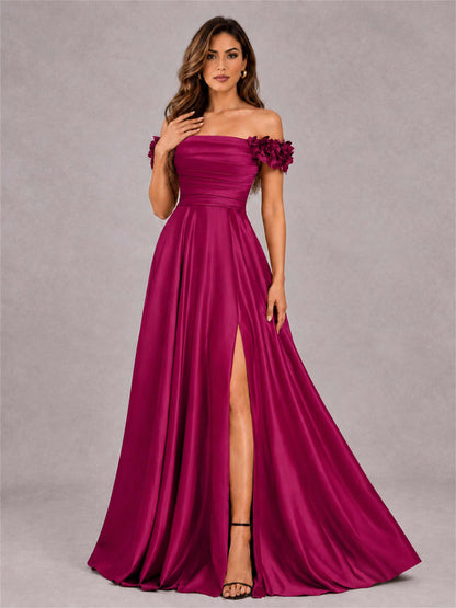 3D Flower Off the Shoulder A Line Satin Pleated Evening Dress with Split Side
