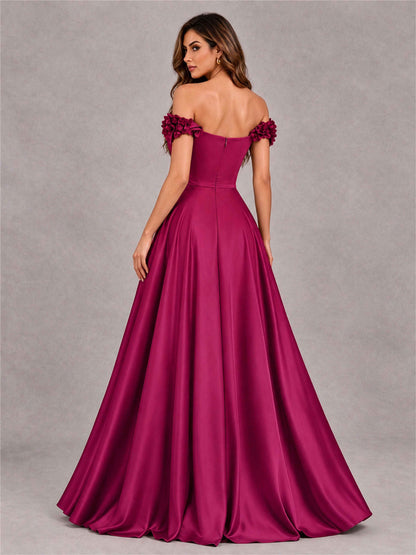 3D Flower Off the Shoulder A Line Satin Pleated Evening Dress with Split Side