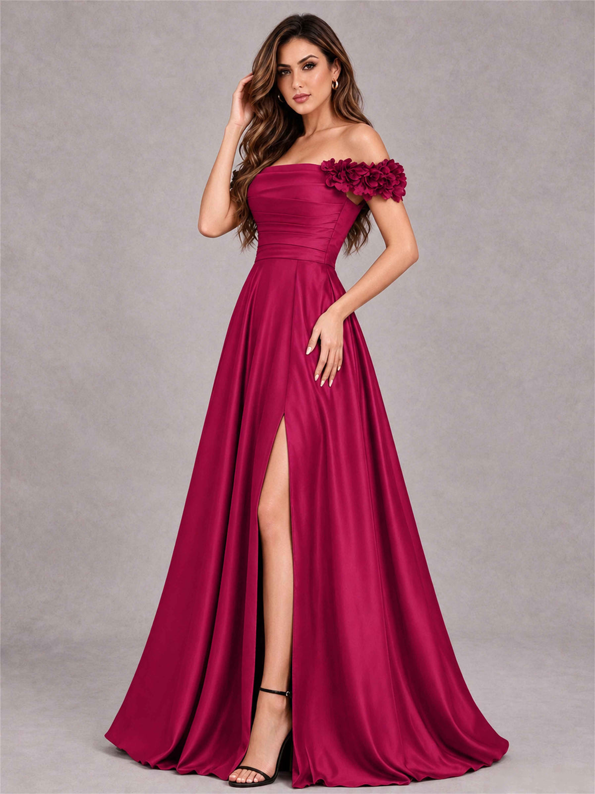 3D Flower Off the Shoulder A Line Satin Pleated Evening Dress with Split Side