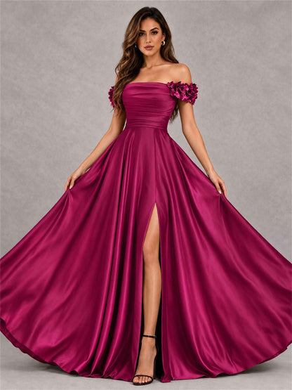 3D Flower Off the Shoulder A Line Satin Pleated Evening Dress with Split Side