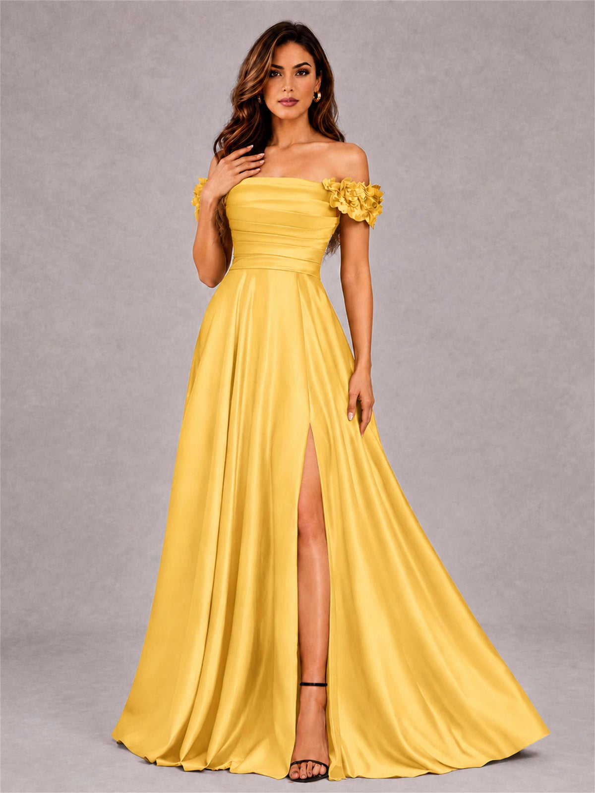 3D Flower Off the Shoulder A Line Satin Pleated Evening Dress with Split Side