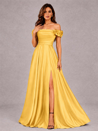 3D Flower Off the Shoulder A Line Satin Pleated Evening Dress with Split Side
