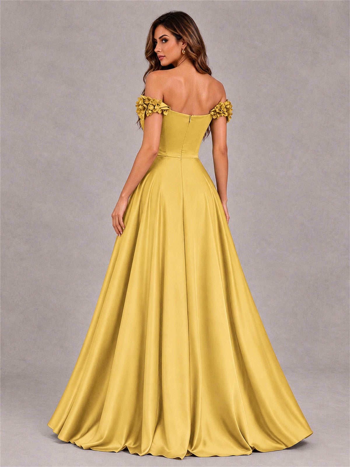 3D Flower Off the Shoulder A Line Satin Pleated Evening Dress with Split Side