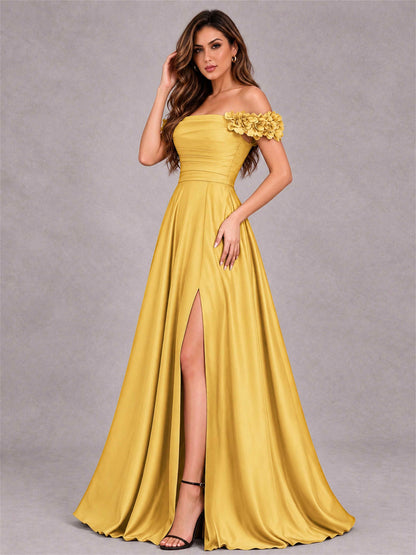 3D Flower Off the Shoulder A Line Satin Pleated Evening Dress with Split Side