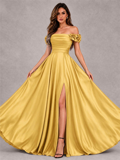 3D Flower Off the Shoulder A Line Satin Pleated Evening Dress with Split Side