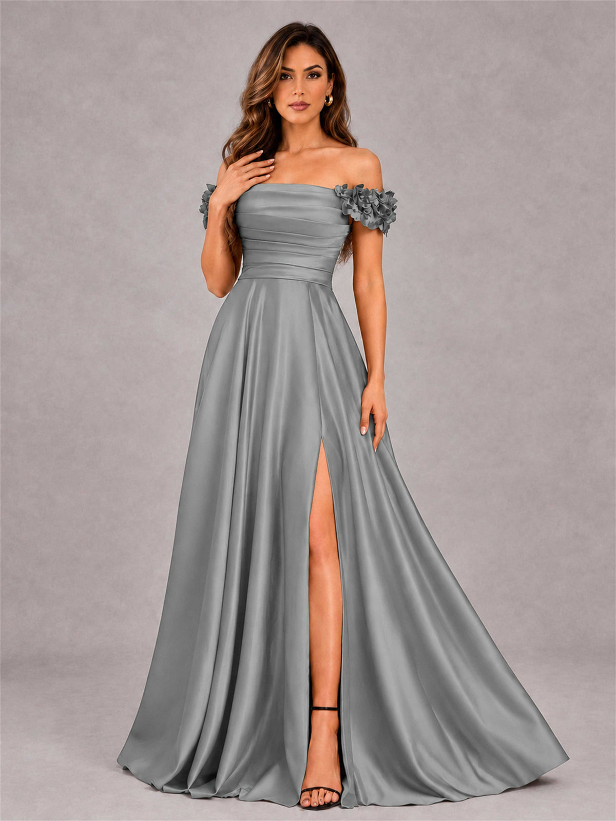 3D Flower Off the Shoulder A Line Satin Pleated Evening Dress with Split Side