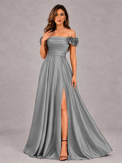 3D Flower Off the Shoulder A Line Satin Pleated Evening Dress with Split Side