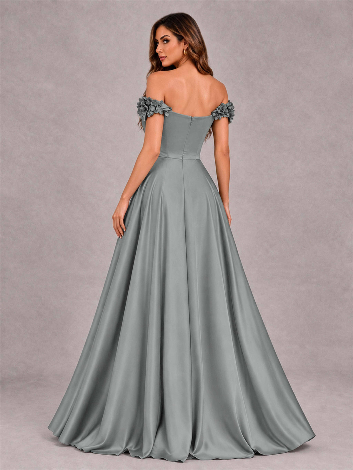 3D Flower Off the Shoulder A Line Satin Pleated Evening Dress with Split Side