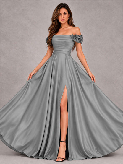 3D Flower Off the Shoulder A Line Satin Pleated Evening Dress with Split Side
