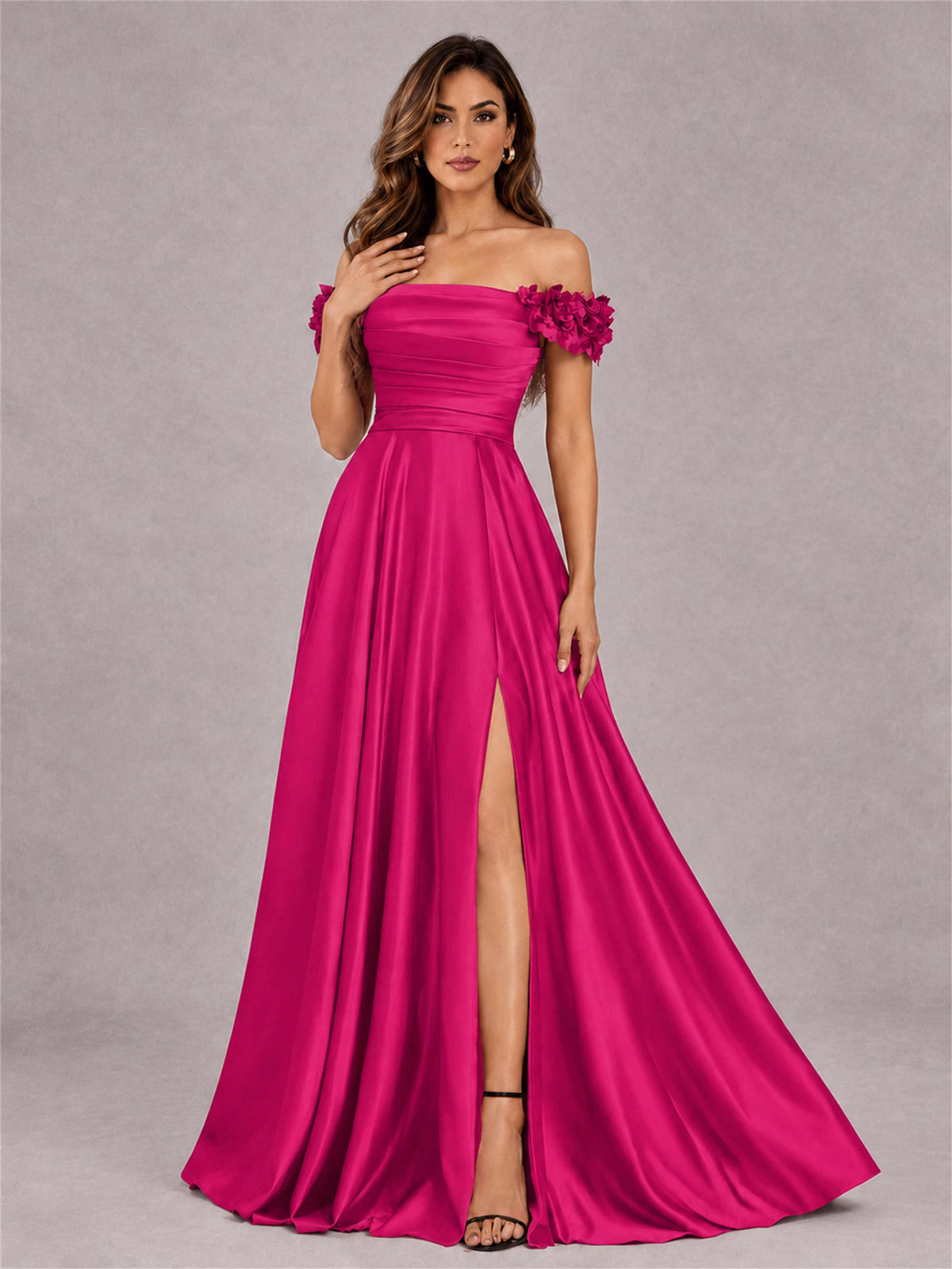 3D Flower Off the Shoulder A Line Satin Pleated Evening Dress with Split Side