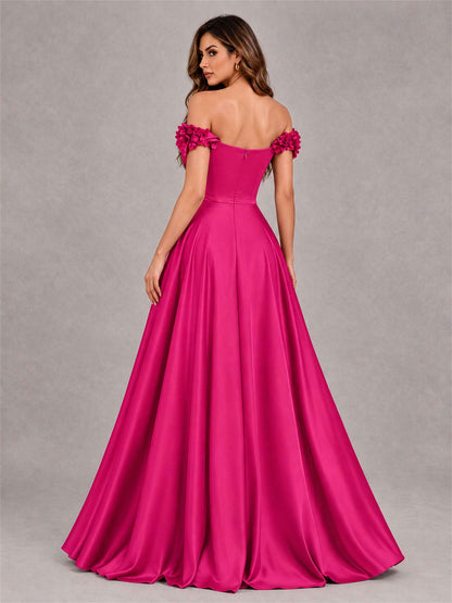3D Flower Off the Shoulder A Line Satin Pleated Evening Dress with Split Side