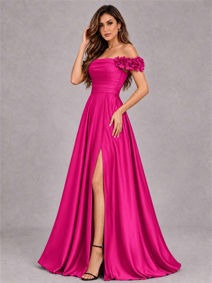 3D Flower Off the Shoulder A Line Satin Pleated Evening Dress with Split Side