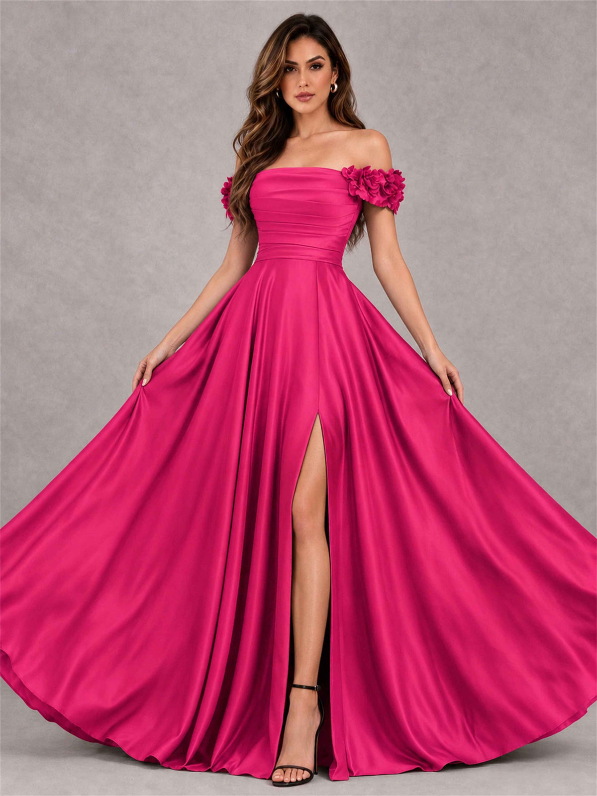 3D Flower Off the Shoulder A Line Satin Pleated Evening Dress with Split Side