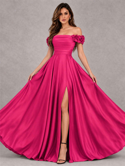 3D Flower Off the Shoulder A Line Satin Pleated Evening Dress with Split Side