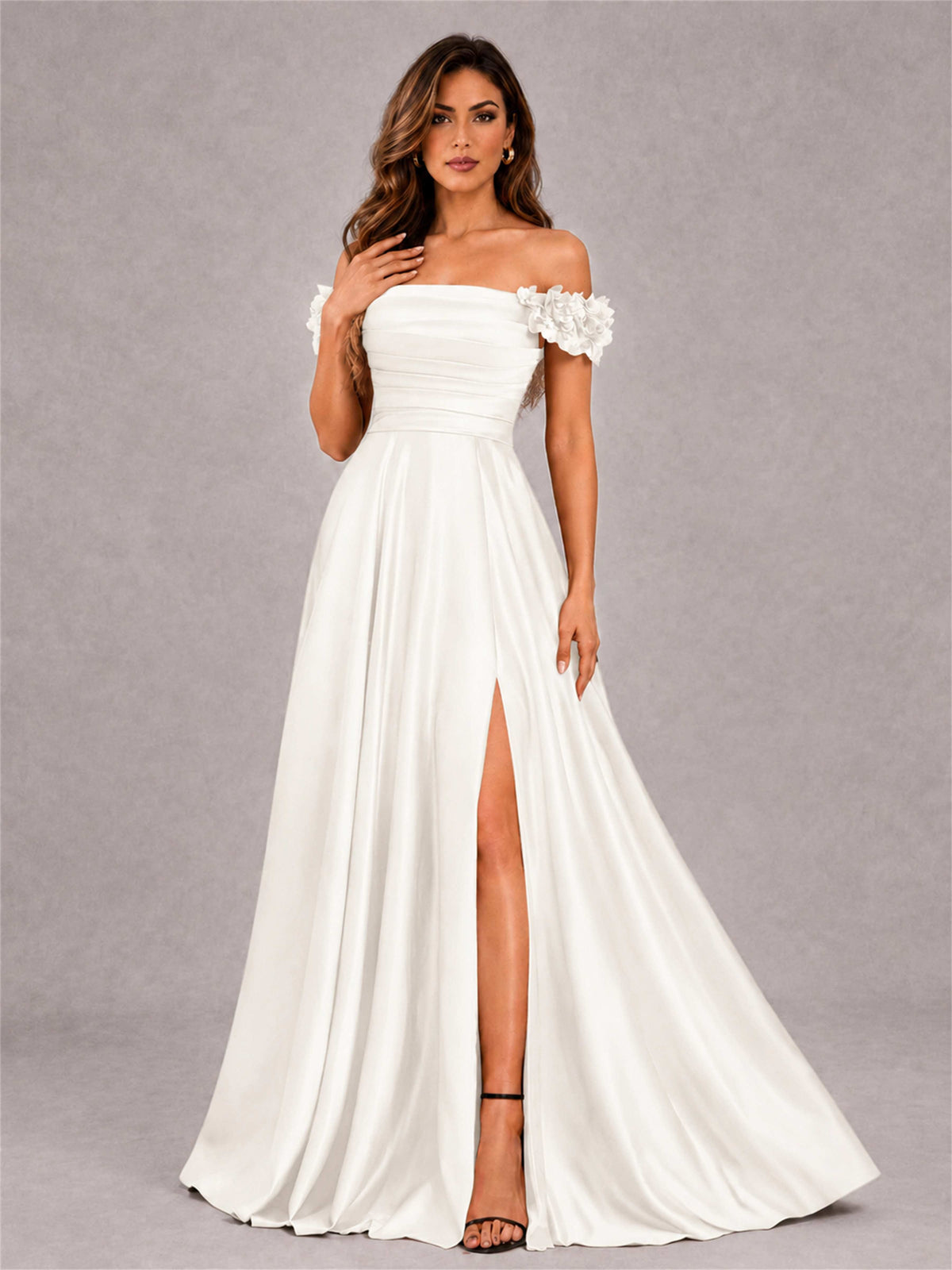 3D Flower Off the Shoulder A Line Satin Pleated Evening Dress with Split Side