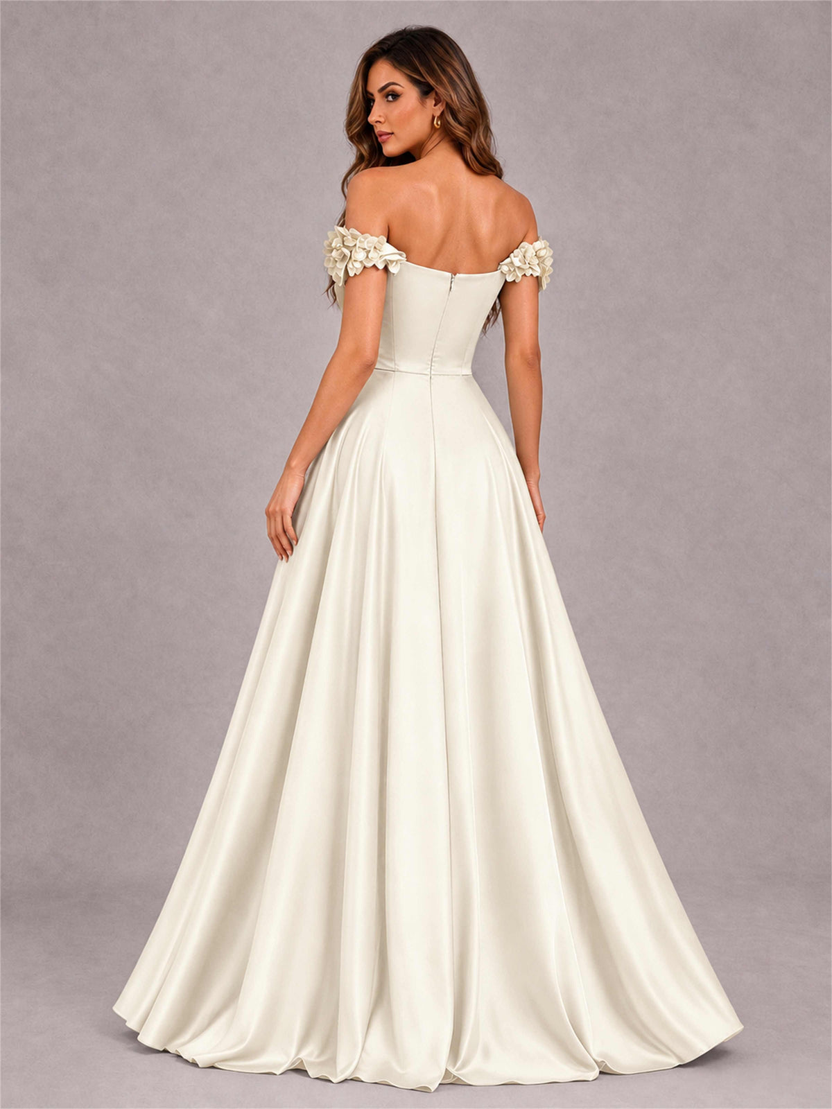 3D Flower Off the Shoulder A Line Satin Pleated Evening Dress with Split Side