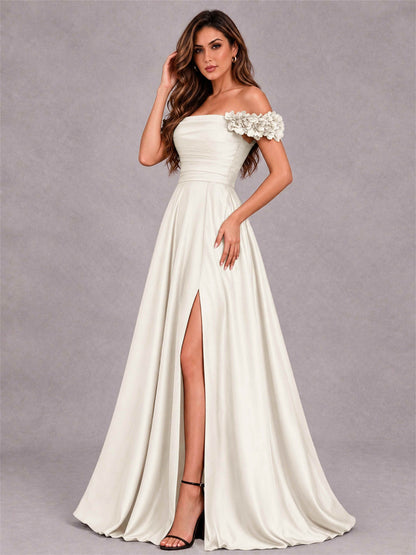3D Flower Off the Shoulder A Line Satin Pleated Evening Dress with Split Side