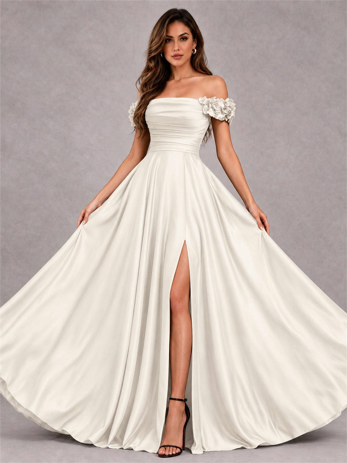3D Flower Off the Shoulder A Line Satin Pleated Evening Dress with Split Side