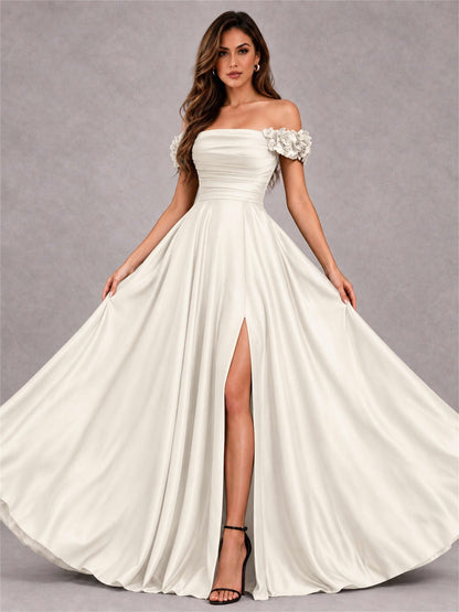 3D Flower Off the Shoulder A Line Satin Pleated Evening Dress with Split Side