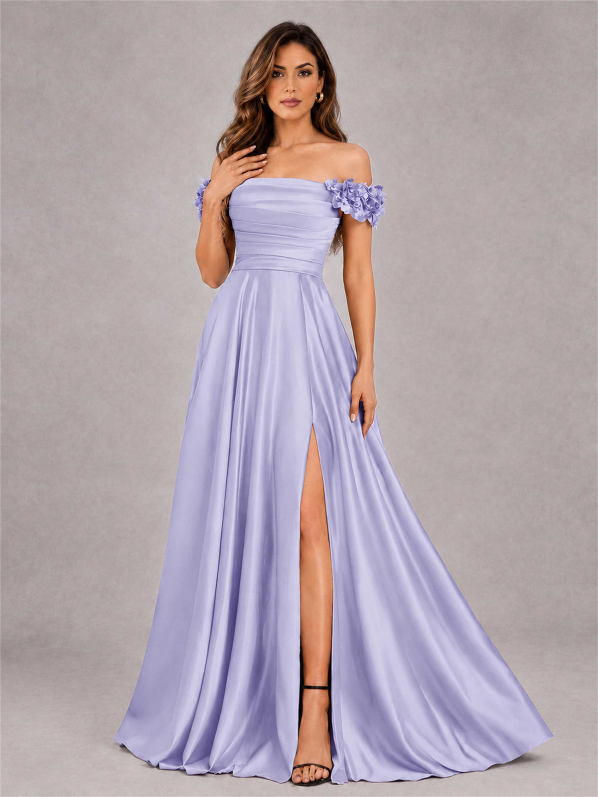 3D Flower Off the Shoulder A Line Satin Pleated Evening Dress with Split Side