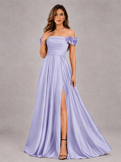 3D Flower Off the Shoulder A Line Satin Pleated Evening Dress with Split Side