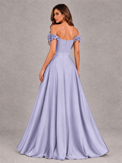 3D Flower Off the Shoulder A Line Satin Pleated Evening Dress with Split Side