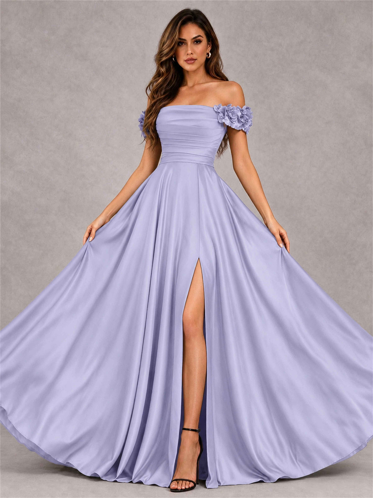 3D Flower Off the Shoulder A Line Satin Pleated Evening Dress with Split Side