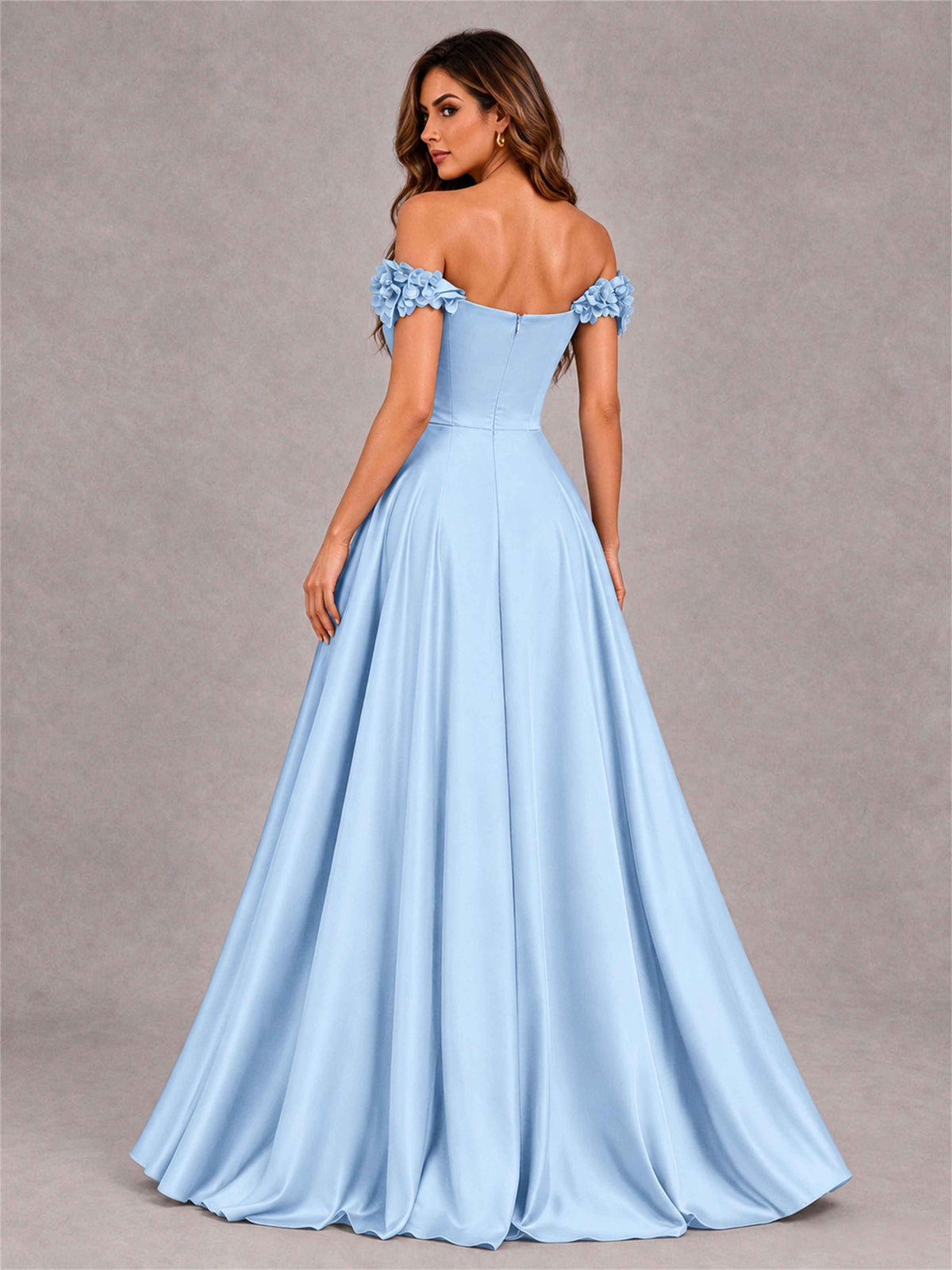 3D Flower Off the Shoulder A Line Satin Pleated Evening Dress with Split Side