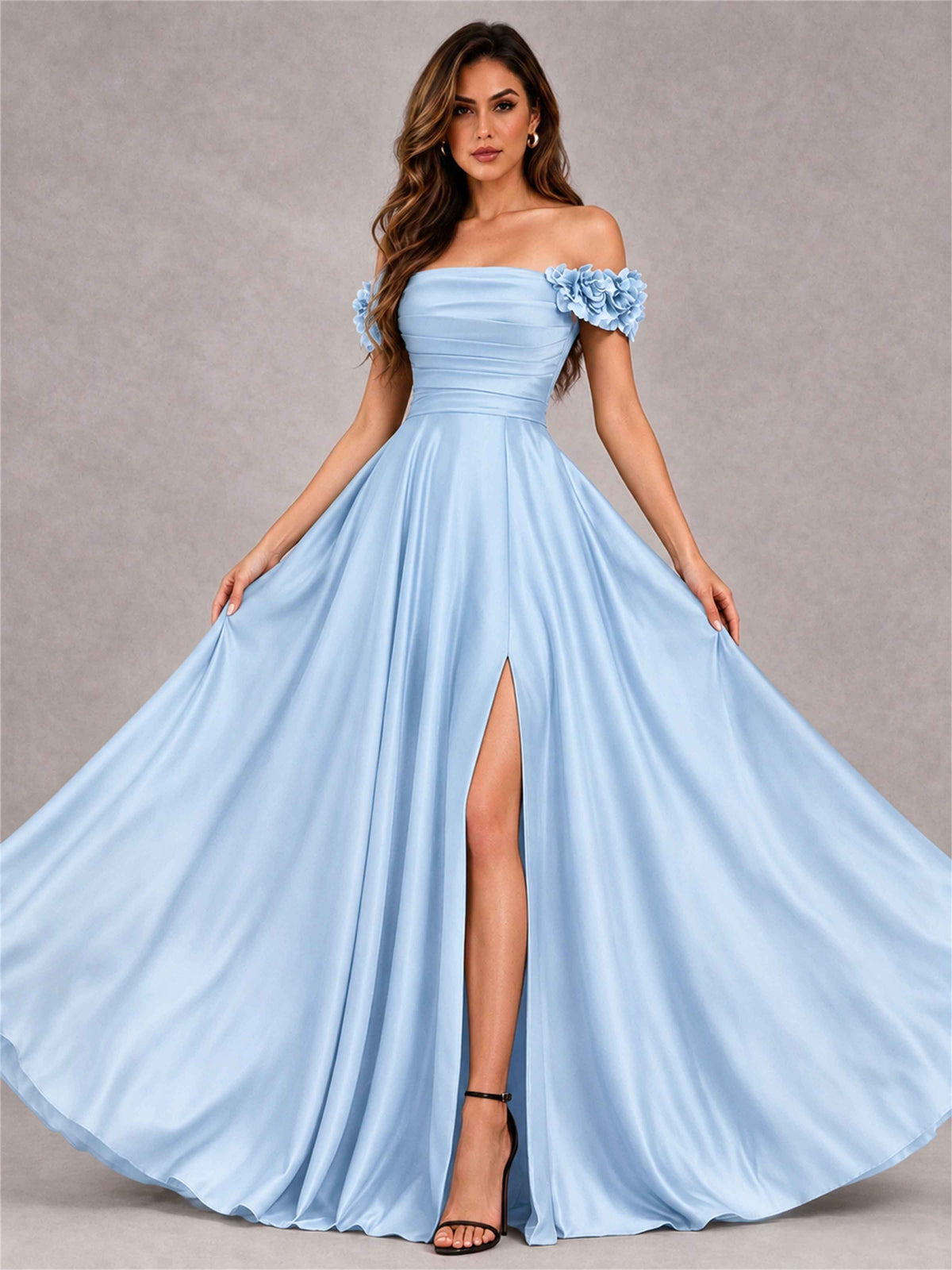 3D Flower Off the Shoulder A Line Satin Pleated Evening Dress with Split Side