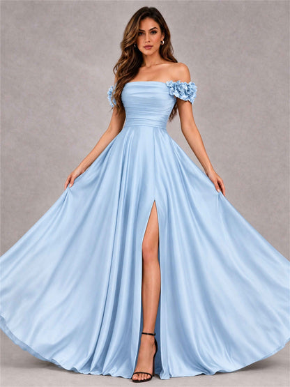 3D Flower Off the Shoulder A Line Satin Pleated Evening Dress with Split Side