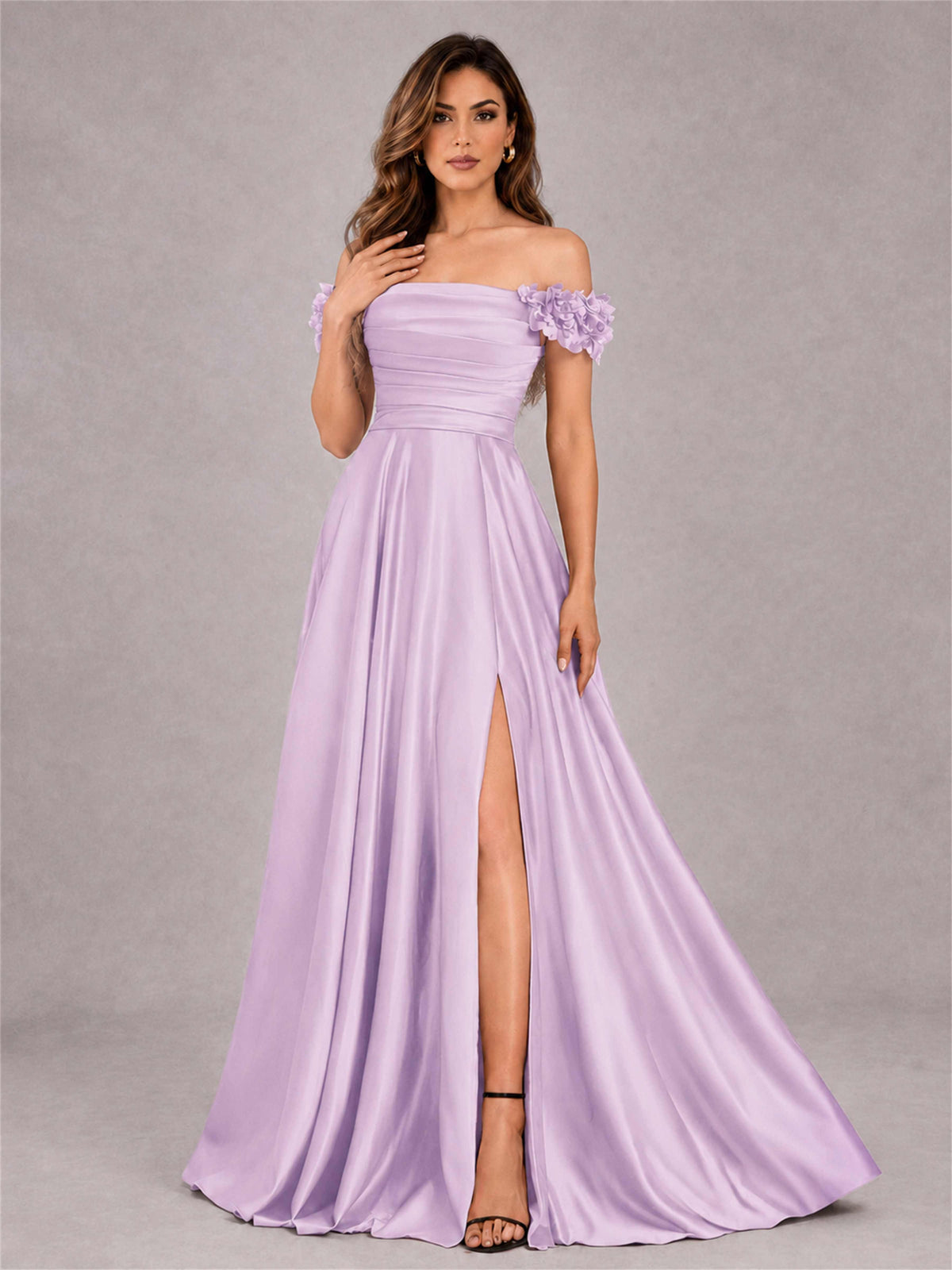 3D Flower Off the Shoulder A Line Satin Pleated Evening Dress with Split Side