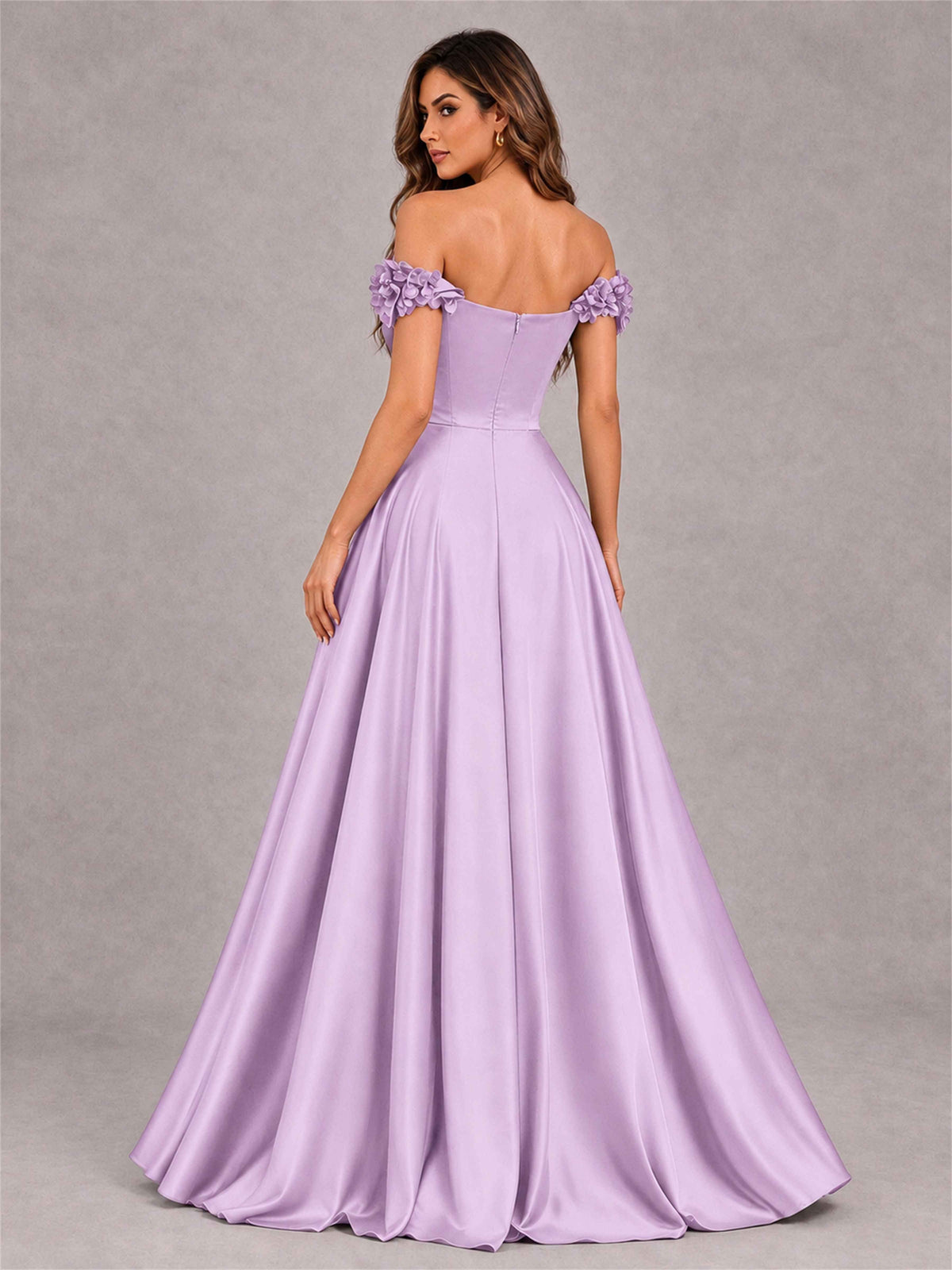 3D Flower Off the Shoulder A Line Satin Pleated Evening Dress with Split Side