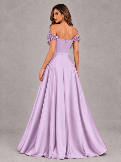 3D Flower Off the Shoulder A Line Satin Pleated Evening Dress with Split Side