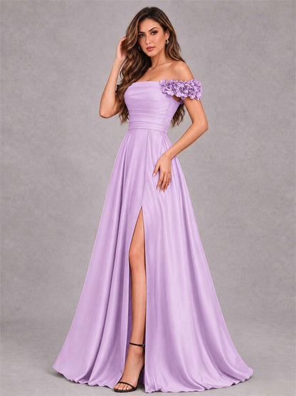 3D Flower Off the Shoulder A Line Satin Pleated Evening Dress with Split Side