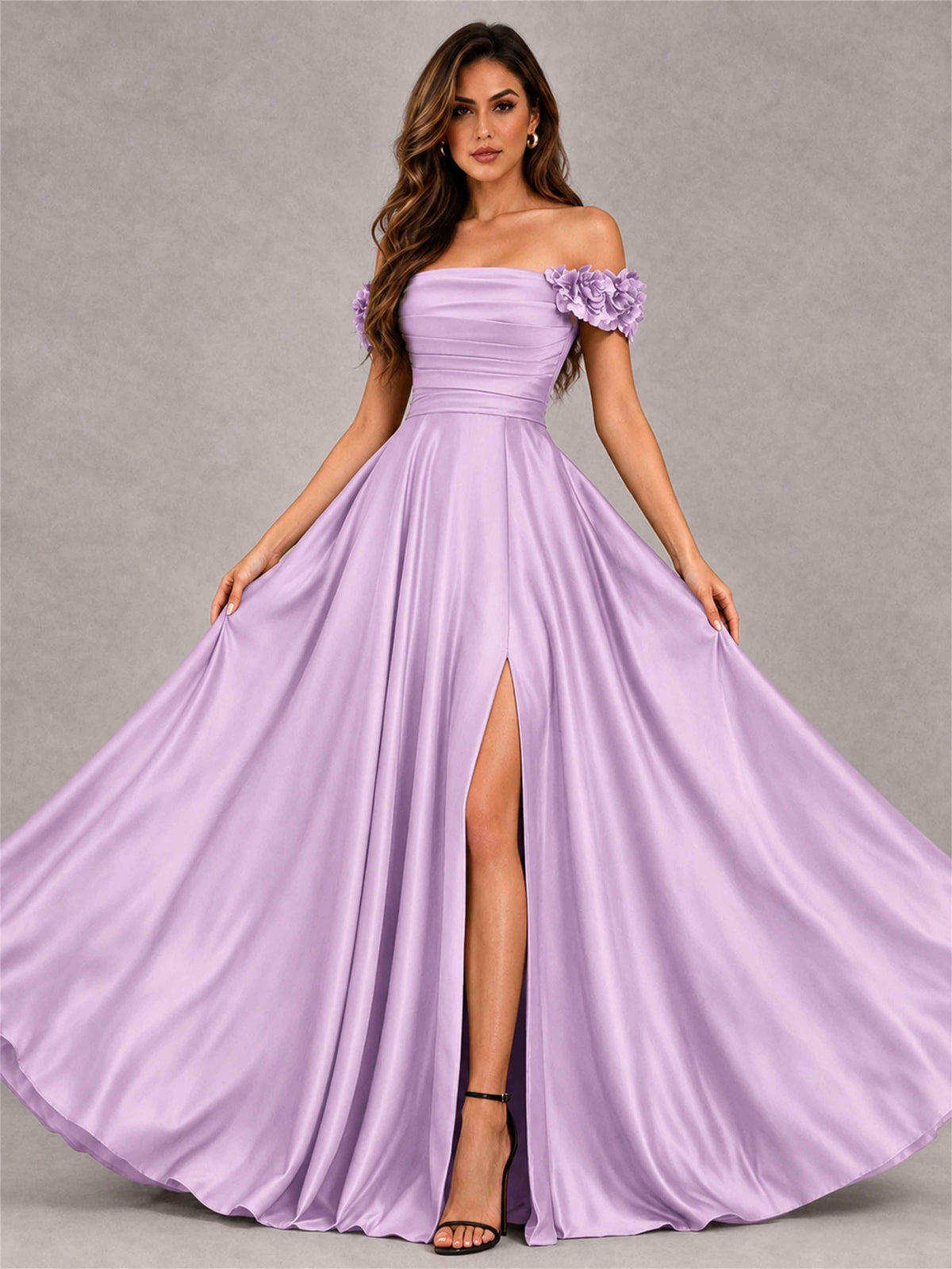 3D Flower Off the Shoulder A Line Satin Pleated Evening Dress with Split Side