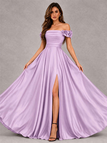 3D Flower Off the Shoulder A Line Satin Pleated Evening Dress with Split Side