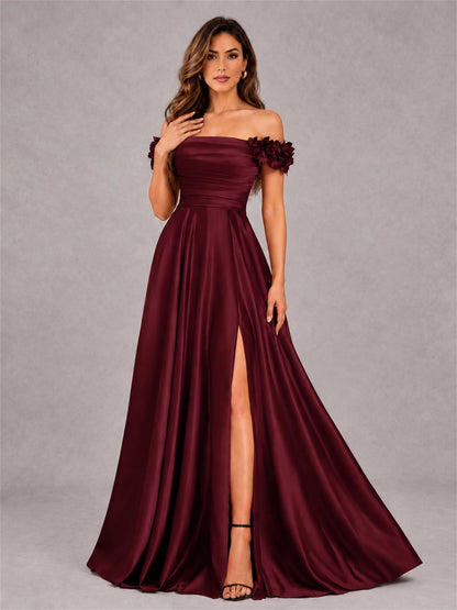 3D Flower Off the Shoulder A Line Satin Pleated Evening Dress with Split Side