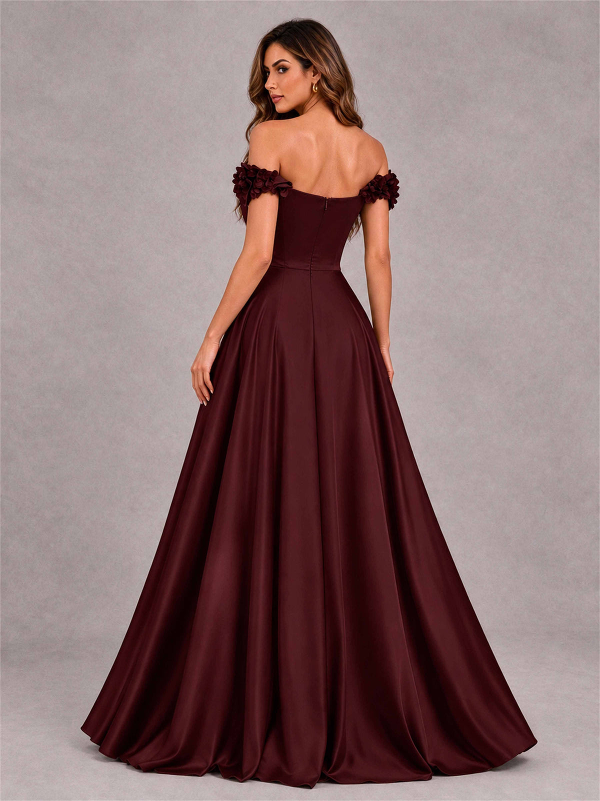 3D Flower Off the Shoulder A Line Satin Pleated Evening Dress with Split Side