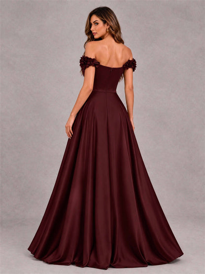 3D Flower Off the Shoulder A Line Satin Pleated Evening Dress with Split Side