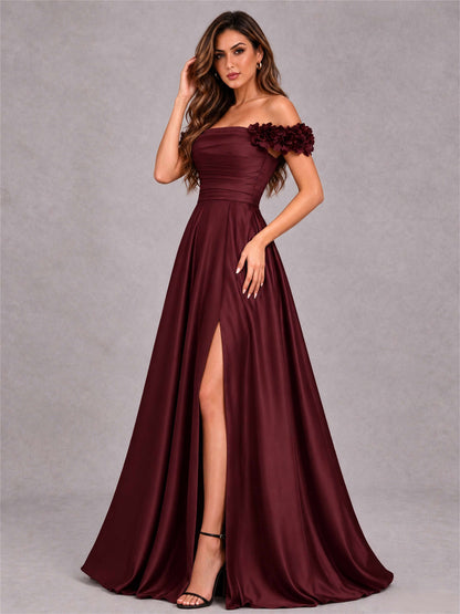 3D Flower Off the Shoulder A Line Satin Pleated Evening Dress with Split Side