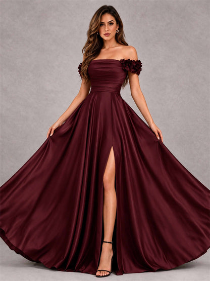 3D Flower Off the Shoulder A Line Satin Pleated Evening Dress with Split Side