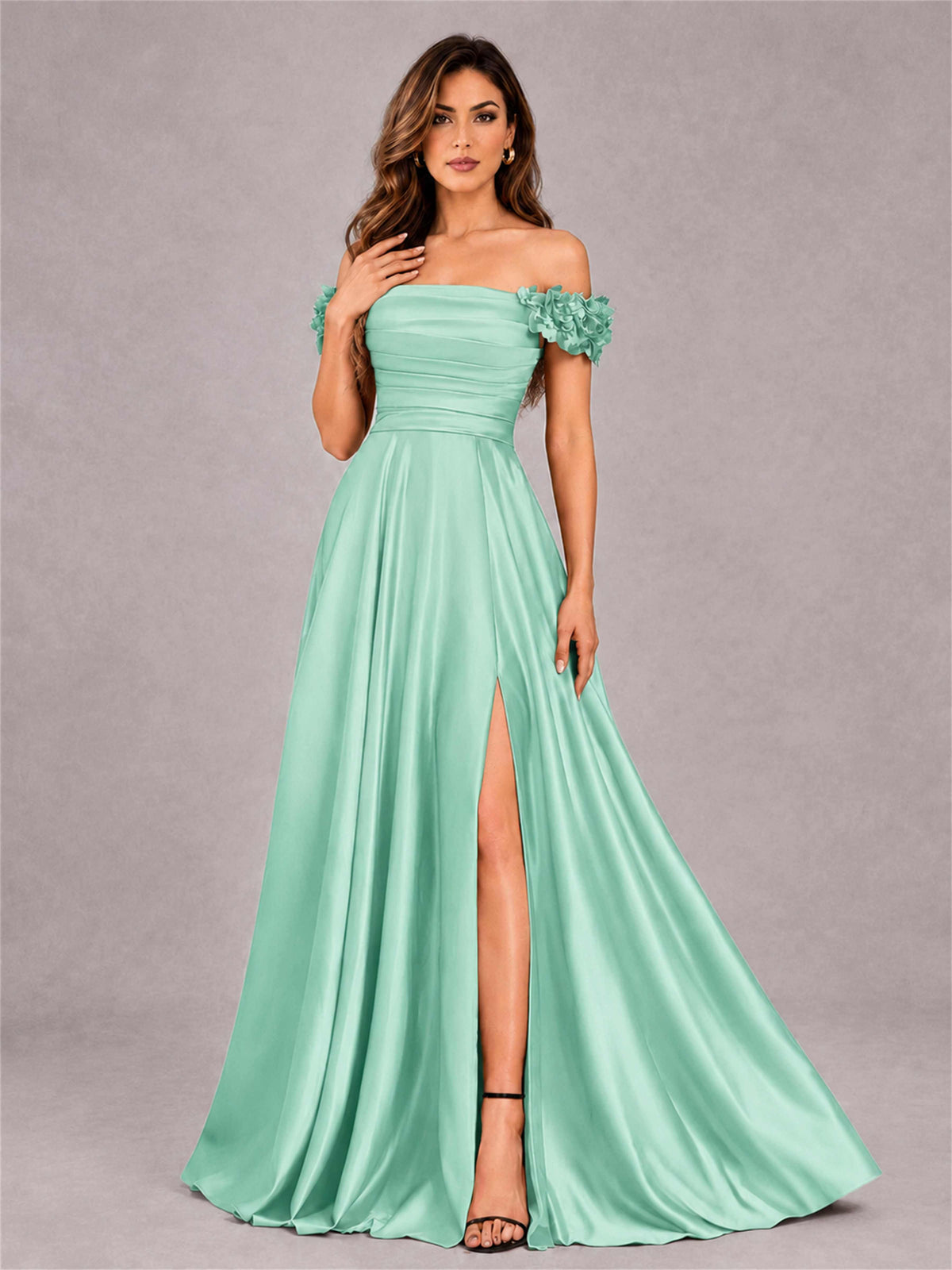 3D Flower Off the Shoulder A Line Satin Pleated Evening Dress with Split Side